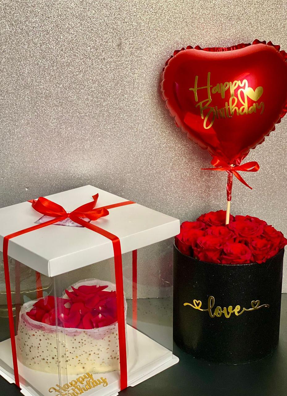 Cake Balloon hamper with fresh roses