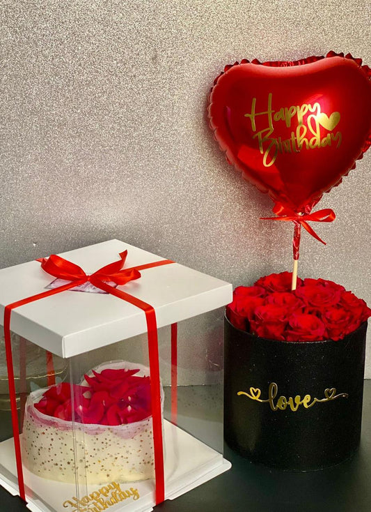 Cake Balloon hamper with fresh roses